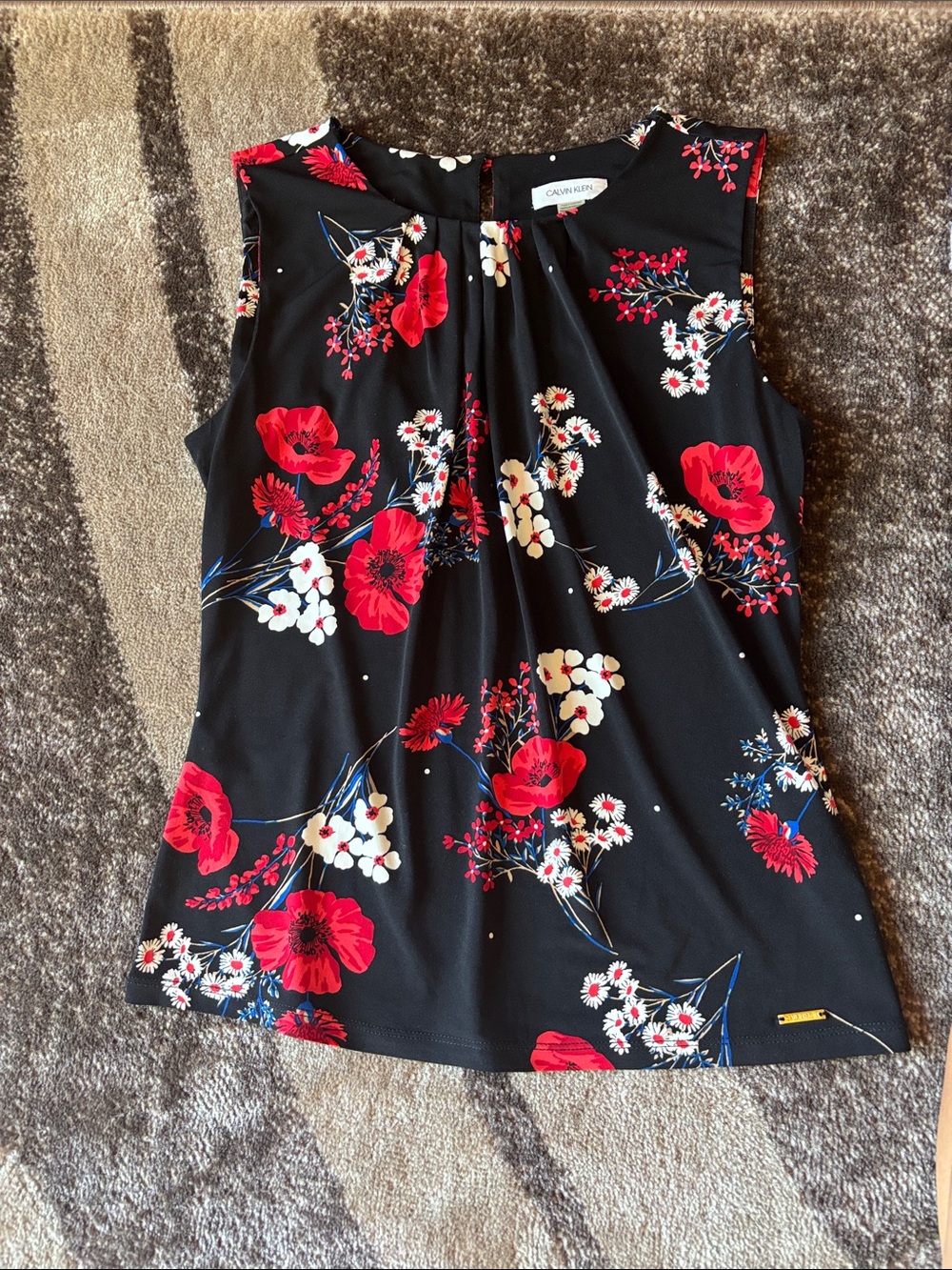 Calvin Klein Black Floral Sleeveless Blouse with Red & White Flowers